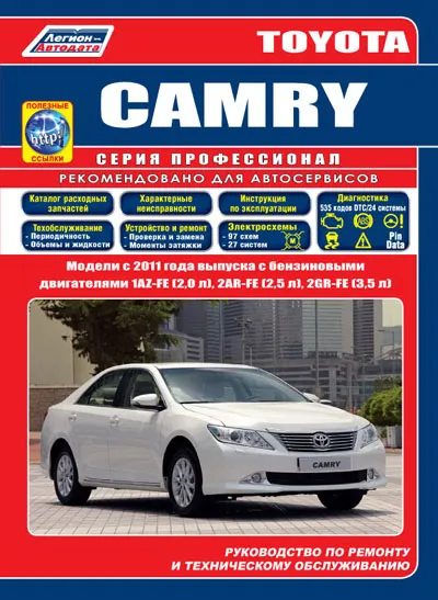 TOYOTA CAMRY (VII / XV50). Модели c 2011 года выпуска c бензиновыми двигателями 1AZ-FE (2,0 л), 2AR-FE (2,5 л), 2GR-FE (3,5 л). Серия Профессионал. Каталог расходных запчастей. Характерные неисправности. Полезные ссылки. Руководство по ремонту и техническому обслуживанию.